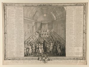 Een uitzicht op het Huis van de Heren, de koning zittend op zijn troon, de Gemeenten die hem bijwonen aan het einde van de zitting 1741/2 door John Pine