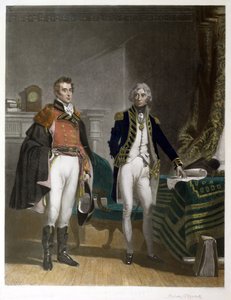 Een ontmoeting tussen Generaal-Majoor Sir Arthur Wellesley en Vice-Admiraal Horatio Nelson, September 1805, gegraveerd door Samuel William Reynolds, uitgegeven door A.J. Isaacs door John Prescott (after) Knight