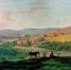 Een 18e-eeuws uitzicht op Haddon Hall met het dorp Bakewell op de achtergrond