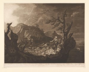 Stormachtig landschap met bard aan de rand van een klif door John Raphael Smith