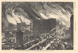 Chicago in vlammen - de vlucht voor het leven over de Randolph Street Bridge, illustratie uit Harper