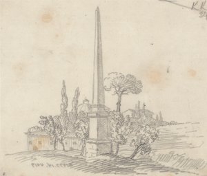 Een Obelisk met Daken en Bomen in de Verte door John Robert Cozens
