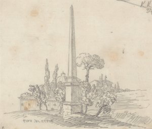Een Obelisk met daken en bomen in de verte door John Robert Cozens