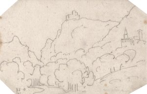 Bergzicht met gebouwen door John Robert Cozens