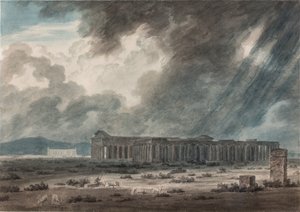 Ruïnes van Paestum bij Salerno: De drie tempels, ca. 1792 door John Robert Cozens