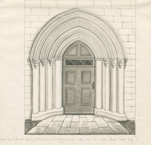 Uttoxeter Kerk - Zuiddeur: pen en wassing tekening, nd [?midden 19e eeuw] door John Robert Fernyhough
