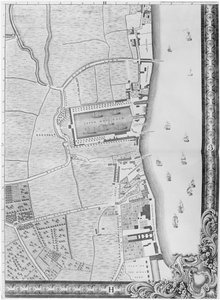 Een kaart van de Lower Rotherhithe Docks, Londen, 1746 door John Rocque