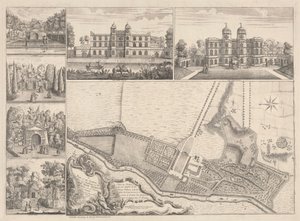 Een plan van de tuinen en uitzicht op de gebouwen van de Eerwaarde Henry Pelham, Esquire in Echa in het graafschap Surrey
