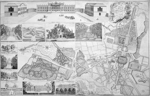 Een plan van het huis, de tuinen, het park en de plantages van Wanstead, het landgoed van de Graaf van Tylney, 1735 door John Rocque