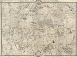 Een 18e-eeuwse kaart van Londen. Een exacte kaart van de steden Londen, Westminster, het district Southwark en het land binnen tien mijl eromheen begonnen in 1741 en geëindigd in 1745 / door John Rocque landmeter & (gegraveerd) door Richard Parr.