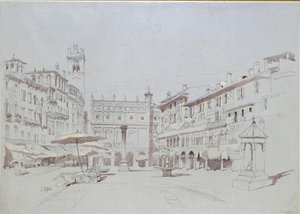 Studie voor detail van de Piazza delle Erbe, Verona, 19 mei 1841 door John Ruskin