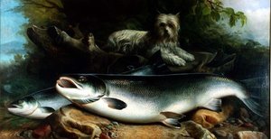 Bewaking van de Dagvangst; een Skye Terrier met een Haan en Hen Zalm
