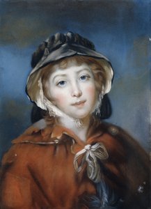 Portret van een Meisje, Buste Lengte, in een Rode Cape met een Strik en een Zwarte Kap door John Russell