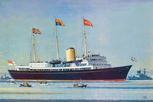 Britannia, drijvend huis van koningin Elizabeth II en prins Philip (kleurenlitho)