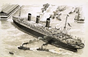 Het stoomschip Leviathan wordt door sleepboten naar een pier in de haven van New York gesleept door John S. Smith
