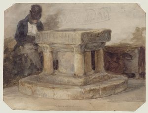 De fontein van de kerk van New Shoreham, West Sussex, met de kunstenaar, William Scott van Brighton, slapend? door John Sell (style of) Cotman