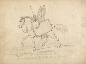 Een paard beladen met kunstenaarsbenodigdheden, lopend naar links