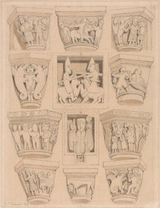Kapitalen en A & B bas-reliëfs in de abdijkerk van Saint Georges de Bocherville, nabij Rouen, Normandië door John Sell Cotman