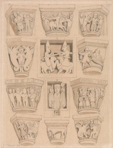 Kapitalen en A & B Bas-Reliefs in de Abdijkerk van Saint Georges de Bocherville, nabij Rouen, Normandië door John Sell Cotman