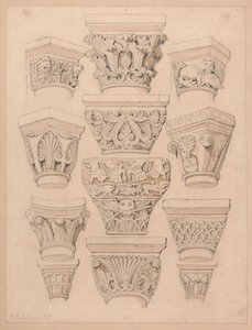 Kapitelen in de abdijkerk van St. Georges de Bocherville, bij Rouen, Normandië door John Sell Cotman