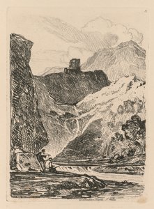 Liber Studiorum: Plaat 12, Dolbadern Castle, Llanberris Lake, Noord-Wales, 1838 door John Sell Cotman