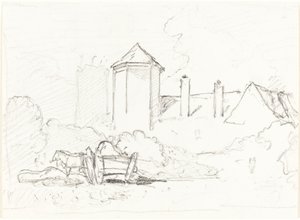 Schets van Gebouwen met Kar en Paarden op de Voorgrond