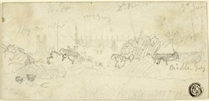 Schets van landschap met kathedraal door John Sell Cotman