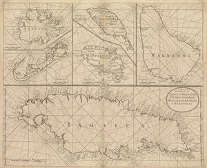 Kaart van Jamaica, Barbados, St. Christopher, Martinique, Antigua en Bermuda