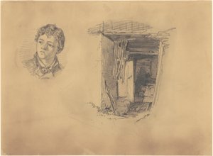 Hoofd van een jongen en de ingang van een hut, 1871