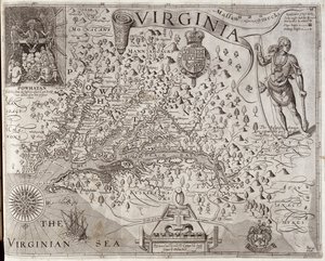 Kaart van Virginia, ontdekt en beschreven door Kapitein John Smith, gegraveerd door William Hole, gepubliceerd in 1612