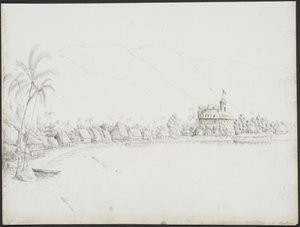 Uitzicht op Papeete vanaf de haven, november 1845 door John Speer