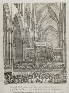 Concert ter herdenking van de 25e verjaardag van het overlijden van George Frederick Handel (1685-1759) - Zicht op de galerij voorbereid voor de ontvangst van hun Majesteiten de Koninklijke Familie door John Spilsbury