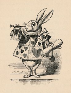 Een konijn als hofbeambte die een trompet blaast voor een aankondiging