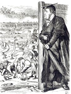 Een cartoon met William Vernon Harcourt (1827-1904) die als minister van Binnenlandse Zaken de invoering van de berk aanbeval in plaats van detentie voor jeugdige delinquenten. Geïllustreerd door John Tenniel (1820-1914) een Engelse illustrator, grafische 