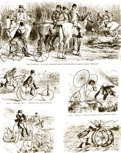 Een cartoon van een man die jaagt op een driewieler. Geïllustreerd door John Tenniel, een Engelse illustrator, grafisch humorist en politiek cartoonist door John Tenniel