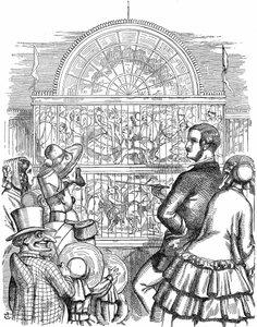 Albert, Prins-gemaal van Koningin Victoria, toont het Crystal Palace en de Grote Tentoonstelling in Hyde Park, Londen. John Tenniel cartoon uit Punch Londen 1851. Houtsnede door John Tenniel