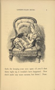 Alice zit in een stoel en speelt met een kitten door John Tenniel