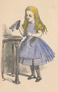 Alice kijkt naar de fles met het bordje drink mij, 1889