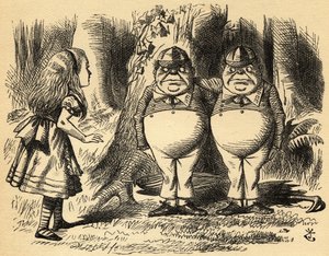 Alice met Tweedledum en Tweedledee. Illustratie door Sir John Tenniel door John Tenniel