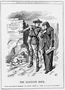 Boerenoorlog: Baden Powell moedigt Mafeking aan om vol te houden. Lord Roberts beloofde hen tegen 18 mei te ontzetten. John Tenniel cartoon uit Punch 9 mei 1900.