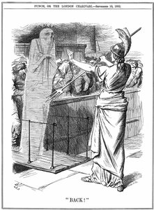 Britannia houdt cholera tegen in Britse havens. Bij de uitbraak van 1892 stierven ongeveer 260.000 mensen in Rusland en 7.600 in Hamburg. De epidemie werd in Groot-Brittannië voorkomen. John Tenniel cartoon uit Punch Londen 10 september 1892. door John Tenniel