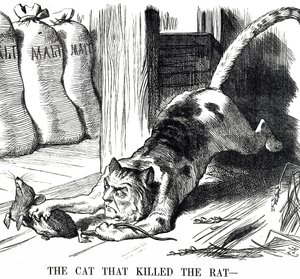 Cartoon die commentaar geeft op de afschaffing van de moutbelasting in 1880 door John Tenniel