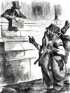 Cartoon die commentaar geeft op de vuilheid van de Theems en de onderzoeken naar omkoping tijdens verkiezingen in Great Yarmouth, Reigate en Lancaster door John Tenniel