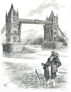 Cartoon van Father Thames die de Tower Bridge bewondert, Londen door John Tenniel