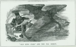Effecten van het verbranden van Oude Koning Kolen op Londen. De mist veroorzaakte astma, bronchitis, longontsteking, pleuritis, enz. John Tenniel cartoon uit Punch, Londen