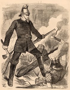 Eyre Massey Shaw vecht tegen vuur, uit "Punch" Londen, 20 augustus 1887 door John Tenniel