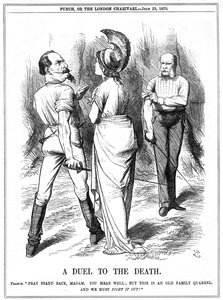 Frans-Duitse Oorlog 1870-1871: Britannia probeert Napoleon III te weerhouden van oorlog met Duitsland. Franse oorlogsverklaring afgeleverd in Berlijn op 19 juli, proclamatie op 23 juli. John Tenniel cartoon uit Punch, Londen, 23 juli 1870. Gravure door John Tenniel