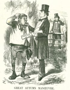 Grote herfstmanoeuvre: Gladstone dacht dat uiteindelijk het stemrecht aan landarbeiders (Hodge) moest worden gegeven. Op dat moment was zijn premierschap wankel en wachtte Disraeli om zijn plaats in te nemen. John Tenniel cartoon uit Punch, Londen, 9 augus door John Tenniel