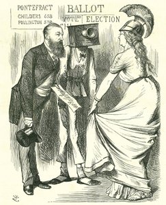 Hugh Childers (1827-1896) Britse parlementariër, vertelt Britannia over het succes van de nieuwe stembus. John Tenniel cartoon uit 