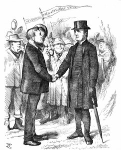 Joseph Arch (1826-1919) Engelse vakbondsleider, politicus en landarbeider. Oprichter van de National Union of Farm Labourers. Arch begroet de bisschop van Manchester die de vakbond steunde in een brief aan The Times. John Tenniel cartoon uit Punch, Londen